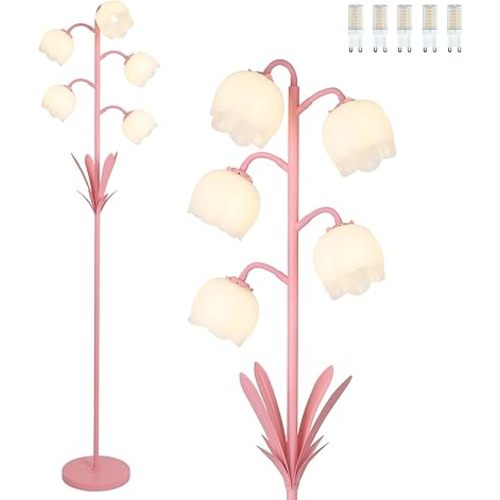 Pink Flower Floor Lamps for Living Room, Modern Floor Lamp with 5 LED Bulbs, Adjustable Standing Lamps for Bedroom Girls Room, Dresser, Kid's Room, Corner Tall Lamp Ambient Lighting for Home Decor