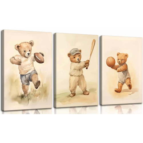 3Pcs Teddy Bear Sports Nursery Animal Canvas Wall Art Cute Woodland Baby Bear Rugby Wall Decor Pictures Football Basketball Baseball Kids Room Posters Prints for Children Bedroom Decoration No Frames
