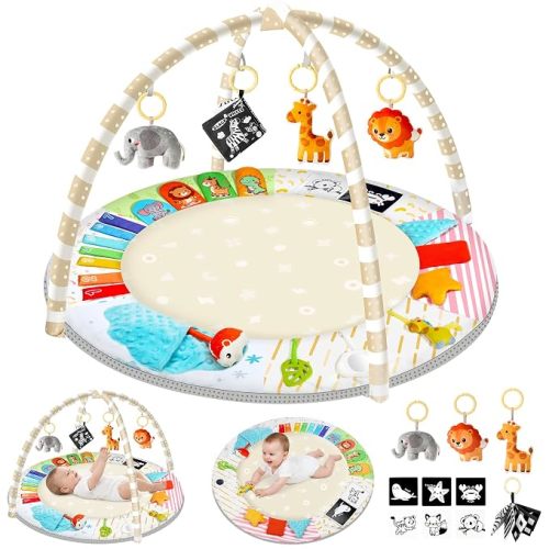 URMYWO Baby Play Gym Mat Tummy Time Mat with 5 Sensory Toys for 0-18 Months