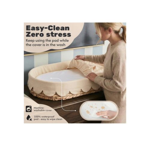 Premium Baby Changing Basket - Handwoven Wicker Moses Baskets for Newborn with Waterproof Changing pad & Linen Cover - Scalloped Changing Basket for Baby Dresser - Moses Basket Bassinet