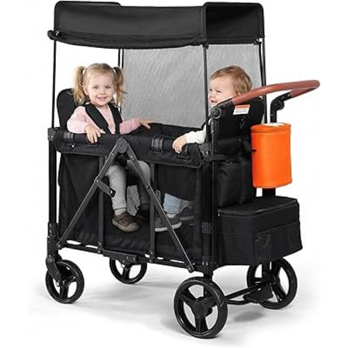 Stroller Wagon with Adjustable Handle Includes Canopy & Organizer, Foldable and Convenient for Storage (Black)