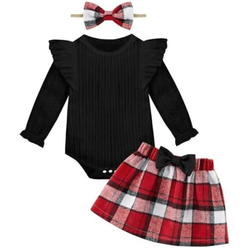 Weixinbuy Baby Girls Fall Outfits 3-Piece Set Long Sleeve Romper & Plaid Skirt Headband Soft Snap Closure 0-18M