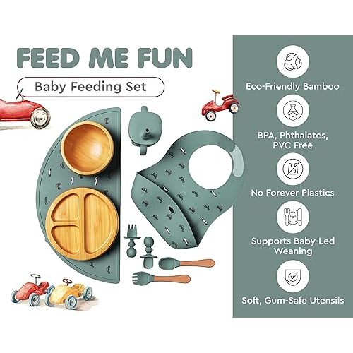 Bamboo Baby Feeding Set for Infants & Toddlers - Baby Essentials, Non-Toxic, Sustainable, Bamboo Suction Plate & Bowl, Bib, Sippy Cup w/Lid & Straw, Perfect Baby Shower Gifts (Pine Gray)