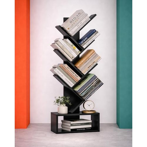 XBurmo 6 Tier Tree Book Shelf - Small Bookshelf Decor, Corner Bookshelf, Living Room Storage, Tall Narrow DVD & CD Shelf Storage Bookshelves, Comic Bookcases Standing for Bedroom or Office, Black