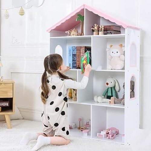 Kids Dollhouse Bookshelf and Toy Storage - Wooden Stand Dollhouse Bookcase with 3-Tier Storage Display, Bookshelf for Playing Room, Nursery, Gift for Boys Girls (8 Room - Pink with White)