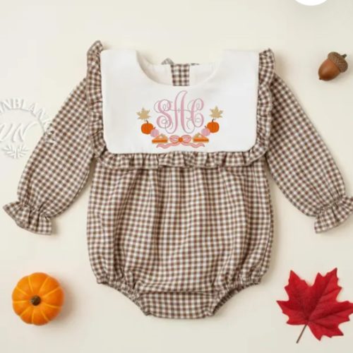 Personalized Fall Gingham Muslin Bubble Romper, Pumpkin Pie Fall Leaf Monogram Embroidery, Baby Girl Thanksgiving Outfit Toddler Fall Outfit
