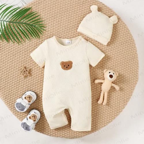 Baby Bear Patch Pit Stripe Romper with Hat