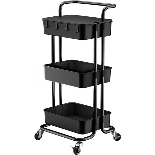 Pipishell 3 Tier Rolling Cart with Table Top, Utility Cart with Wheels & 4 Hooks, Rolling Storage Cart for Home Storage and Organization, Black, PIUC09B