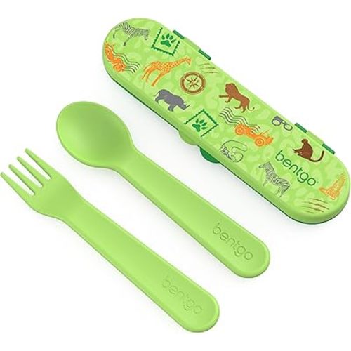 Bentgo Kids Utensil Set - Reusable Plastic Fork, Spoon & Storage Case - BPA-Free Materials, Easy-Grip Handles, Dishwasher Safe - Ideal for School Lunch, Travel, & Outdoors (Safari)