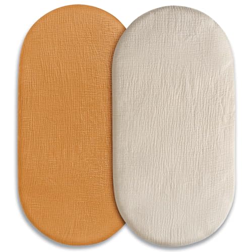 Muslin Bassinet Fitted Sheets, 2 Pack for Baby Boy and Girl, Soft Breathable Stretchy Baby Pad/Mattress Sheet Set, Universal Fit for Hourglass Oval and Rectangle Bassinet Mattress (Elegant Colors)
