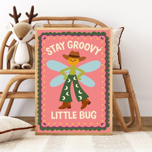 Groovy Little Bug Nursery Print, Retro Whimsical Wall Art (Digital Download)