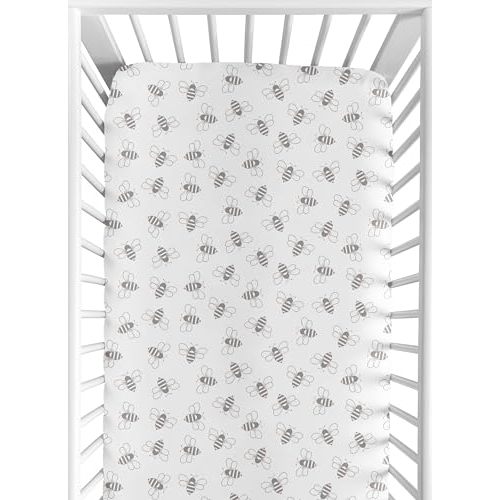 Sweet Jojo Designs Fitted Baby Crib Sheets (Grey Bee) for Boys or Girls, Infant Nursery, Toddler Room - Standard Size (Neutral, Abstract, Honeybee, Bumblebee, Flying Bees, Minimalist, White and Gray)