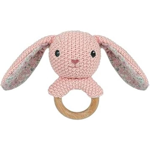 Baby Toys Stuffed Animals Handbell,Rabbit Rattle Toy Wooden Rattle Toys for Baby,Knit Bunny Stuffed Animal Cute Rattle with Teether Ring Newborn Birthday Gifts（Bunny）