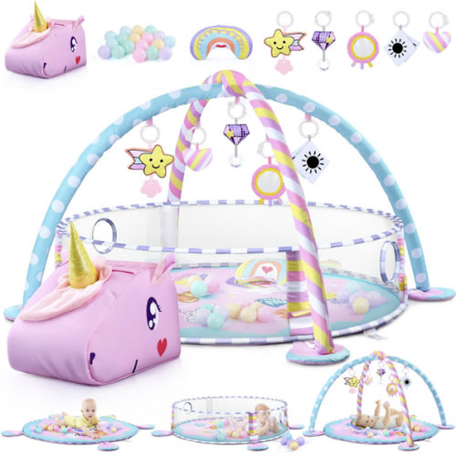 Baby Play Mat & Activity Mat - Baby Play Gym Tummy Time Mat with 6 Detachable Sensory Toys for Motor Skills Development, Newborn Baby Toys 0-6-12 Months Essentials Gift Playmats