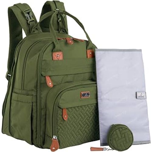 BabbleRoo Extra Large Diaper Bag Backpack, Expandable Baby Bag with Up to 50% More Capacity - Travel Essentials Baby Bag Tote with Changing Pad, Stroller Straps & Pacifier Case - Unisex, Forest Green