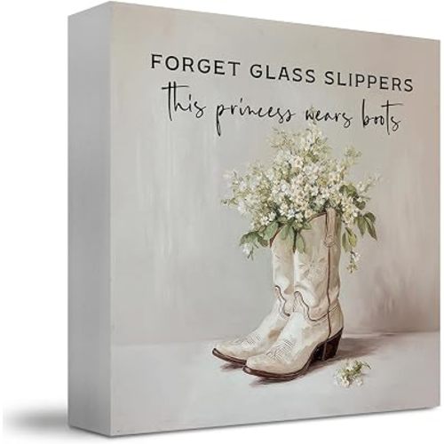 Funny Western Cowgirl Boots Wooden Box Sign, Cowgirl Room Decor, Neutral Boho Cottagecore Wildflower Cowboy Boots Wood Block Box for Home Bedroom Office Desk Shelf Table Decor, 5x5 Inch