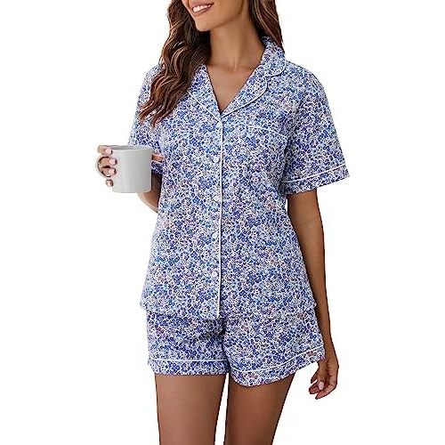 LUBOT 100% Cotton Pajamas for Women 2 Piece PJ Set Woven Poplin Ladies Button Down Short Sleeve Summer Sleepwear S-XXL