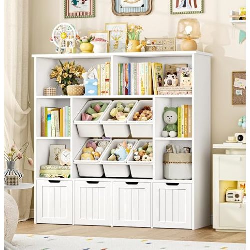 Toy Storage Organizer with 6 Toy Bins, Large Toy Organizers and Storage with 4 Movable Drawers and 6 Storage Cubbies, Kids Toy Storage and Toy Chest for Playroom and Kids Room, White