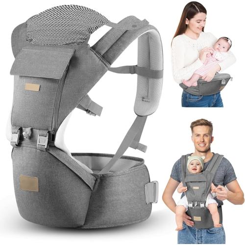 Baby Carrier Newborn to Toddler with Hip Seat, Soft 6-in-1 Ergonomic All Positions Infant Carrier 7-33 Ib with Hood for All Seasion Use for Dad and Mom Grey