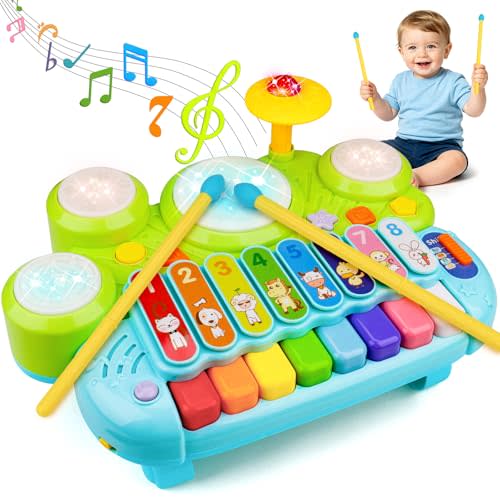 Baby Piano Drum Set for Toddlers 1-3, Musical Toys 3 in 1 Baby DJ Table Piano Keyboard Xylophone Instruments for 1 2 Year Old Boys Girls Music & Light Activity Table 6-12-18 Months Old Birthday Gifts