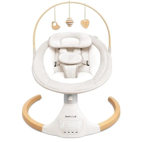 Jool Baby Nova Nature Baby Swing for Newborns with Natural Wood Toys, Electric Motorized Infant Swing, Bluetooth Music, Remote (Oatmeal)