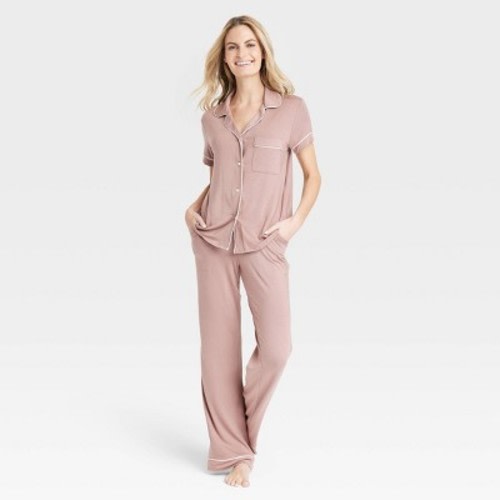 Women's Beautifully Soft Short Sleeve Notch Collar Top and Pants Pajama Set - Stars Above™, Color: Rose Pink, Size: M