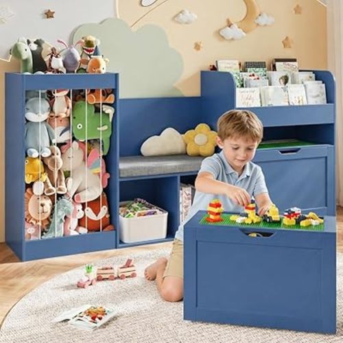 68.9"W Reading Nook, Kids Bookshelf, Toy Storage Organizer, Removable Building Baseplate Lid for Lego, Rolling Drawers, Stuffed Animal Storage, Bench and Removable Cushions for Playroom(Blue)