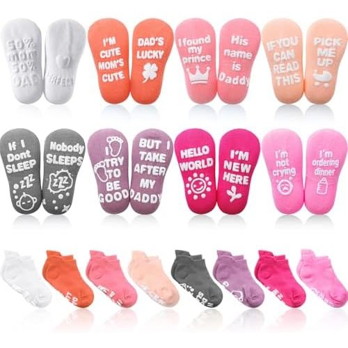 SATINIOR 8 Pairs Baby Non-slip Grip Ankle Socks Non-Skid Gripper Socks with Funny Sayings, 1-3 Years, 4.5 Inches