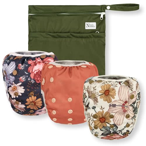 Nora's Nursery Reusable Swim Diapers and Wet Bag - One Size Fully Adjustable - Harlow Swim 3 Pack with Wet Bag