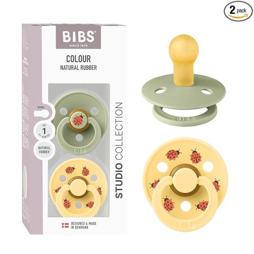 BIBS Studio Soother 2-Pack, BPA Free Dummy Pacifier, Round Nipple. Natural Rubber Latex, Made in Denmark, Size 1 (0-6 Months), Sage/Pale Butter