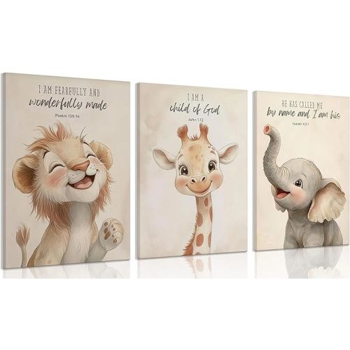 3Pcs Bible Verses Christian Nursery Safari Animals Canvas Wall Art Child of God Cute Animals Picture Wall Decor Lion Giraffe Elephant Poster Print Artwork for Kids Boys Girls Room Home Decoration