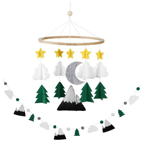 Baby Crib Mobile (Starry Woodland Night w/Garland) - Baby Shower Gift Nursery Decoration for Boys & Girls