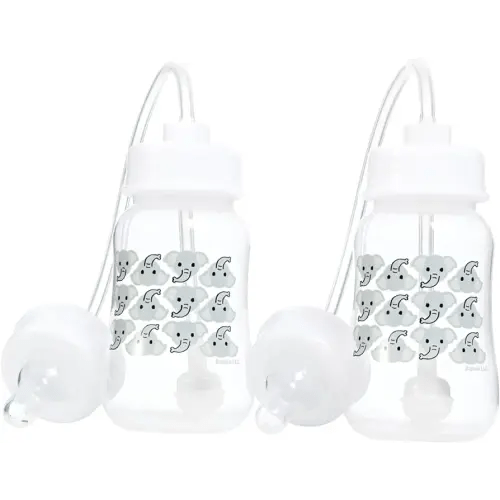 Hands-Free Baby Bottle - Anti-Colic Nursing System 4 oz Baby Bottle with Fast Flow Nipple/Teat 3m+ with Tube Straw Feeding System for Toddler (2 Bottles - Elephant)
