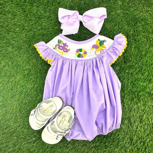 Mardi Gras Smocked Bubble in Lavender - Mardi Gras Celebration, King Cake, Baby Girl, Heirloom, Bishop Style 799 *B