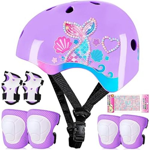 Toddler Bike Helmet Kids Helmet Knee Pads and Elbow Pads Set Adjustable Protective Gear Set with DIY Stickers for Girls Age 3-5-8 Years