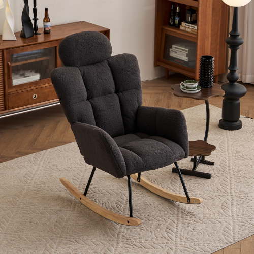JXXRZ Nursery Rocking Chair with Headrest, Oversized Teddy Plush & Modern Upholstered High Back, Dark Grey