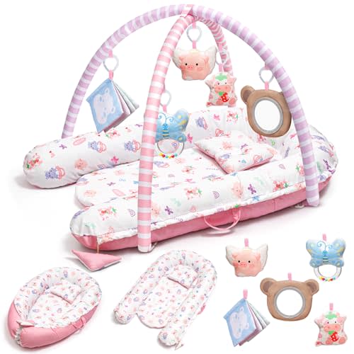Pink Baby Play Mat, 7-in-1 Tummy Time Activity Gym Mat for Sensory and Motor Development, Washable Baby Lounger, Portable Newborn Nest for Home & Travel, Babies Gift for Infant 0-3-6-9-12-18 Months