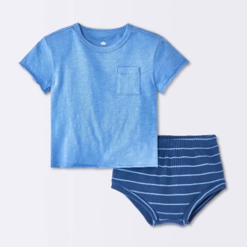 Baby Boys' 2pc Striped Short Sleeve T-Shirt and Waffle Bloomer Set - Cloud Island™ Blue 0-3M