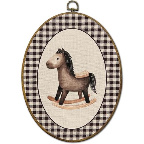 QZQE Rocking Horse Nursery Oval Wall Art Decor Framed, Kids Room Oval Canvas Prints, Neutral Gingham Horse Wall Hanging Decor for Kids Baby Toddler Boy Nursery Room Bedroom Playroom, 8.6x11.4 Inch