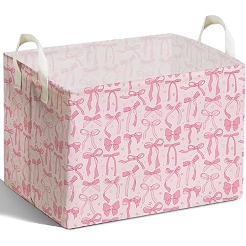 Pink Bow Foldable Storage Bins, Waterproof Toy and Clothes Organizer for Nursery Room, Pink Cute Decorative Fabric Basket for Girls Bedroom, Foldable Gift Box for Game Room, Bow Party Decor