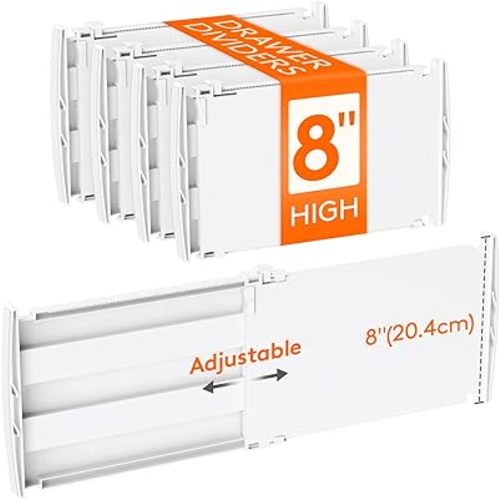Lifewit 8" High 4 Pack Deep Drawer Dividers, 13.8-22.5" Adjustable Dresser Drawer Divider, White Drawer Organizer for Clothes, Tall Drawers Separators for Dresser, Kitchen, Bedroom, Cabinet, Office