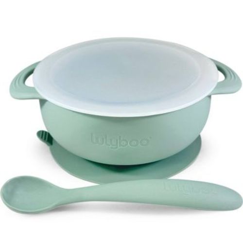 Lulyboo 3pcs Silicone Packable Bowl & Spoon Set - Sage: Solid Pattern, Baby Feeding Set, Includes Lid