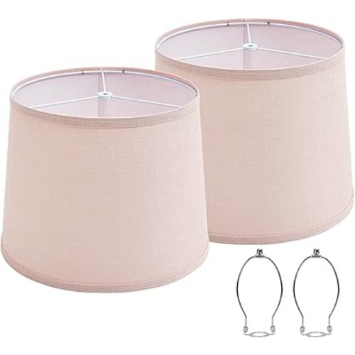 Lampshades Set of 2 for Table Floor Lamp, Drum Lamp Shades, 12.7" Top x 12.7" Bottom x 10" High, Natural Linen Hand Crafted, Lamp Shade Harp Holder Included