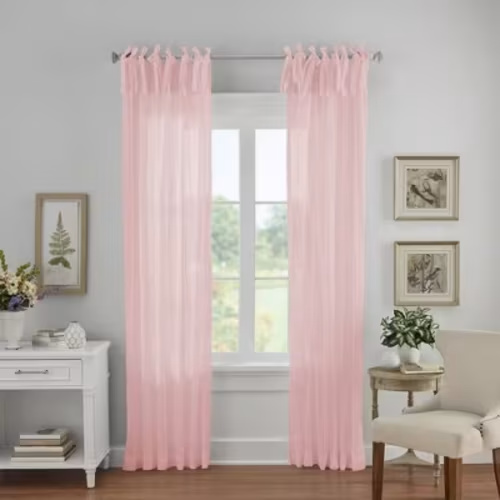 Jolie Semi-Sheer Tie Top Single Window Curtain Panel - 52" x 108" - Blush Pink - Elrene Home Fashions