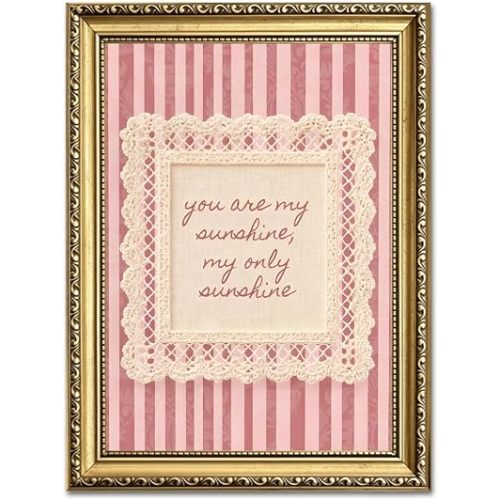 You Are My Sunshine Wall Art, Vintage Nursery Quote Sign Wall Decor Painting Pink Striped Canvas Print Picture for Girl Baby Kids Bedroom Living Room 12x16 inch Gold Framed