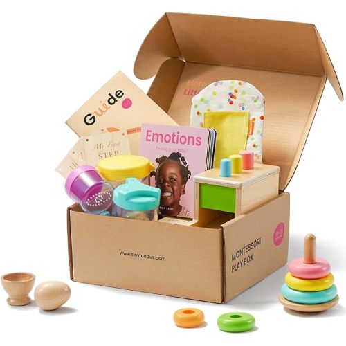 Tiny Land Montessori Toy Set for Babies 1 Year Old Thinker Play Kit- 5-in-1 Wooden Learning Toys with Peg Drop Box, Rocking Stacker, Egg Cup, Canister Set, and Crinkle Bag