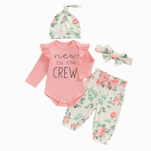 CAUYDY Baby Girl Clothes Ruffle Long Sleeve Romper Flower Print Pants Matching Headband and Hat 4Pcs Preemie Layette Outfit Set 0M 3M 6M Newborn Girls Gift (Sizes Newborn,Pink)