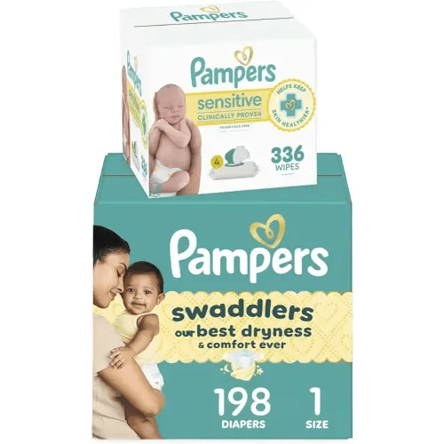 Pampers Swaddlers Disposable Baby Diapers Size 1, 198 Count with Sensitive Water Based Baby Wipes 4X Pop-Top Packs (336 Count)