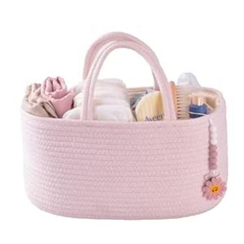 XUANGUO Pink Cotton Rope Baby Diaper Caddy Organizer Basket for Girls