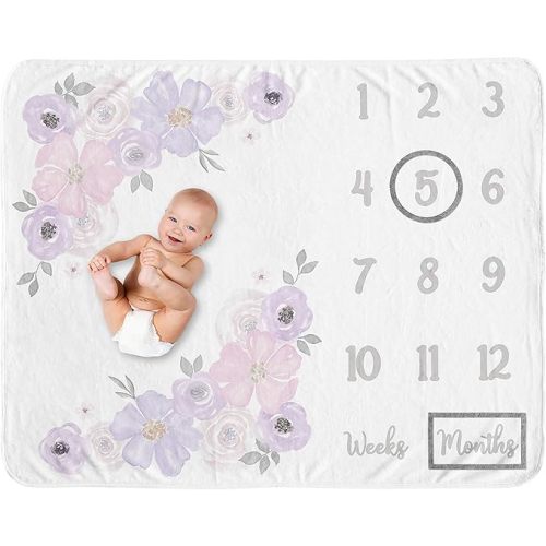 Sweet Jojo Designs Watercolor Floral Girl Milestone Blanket Monthly Newborn First Year Growth Mat Baby Shower Memory Keepsake Gift Picture - Lavender Purple, Pink and Grey Boho Shabby Chic Rose Flower